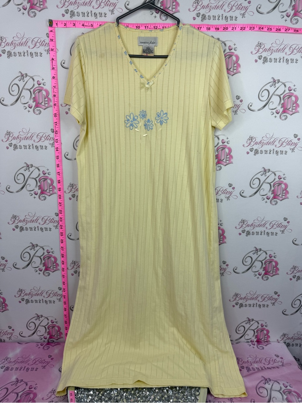 Vanity Fair Yellow Maxi Nightgown with Blue Floral Embroidery